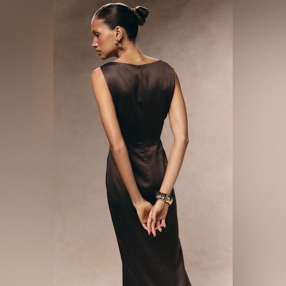 NWT PrettyLittleThings Chocolate Brown Boat Neck Satin Fishtail Midi Dress-US 6 - Picture 13 of 14
